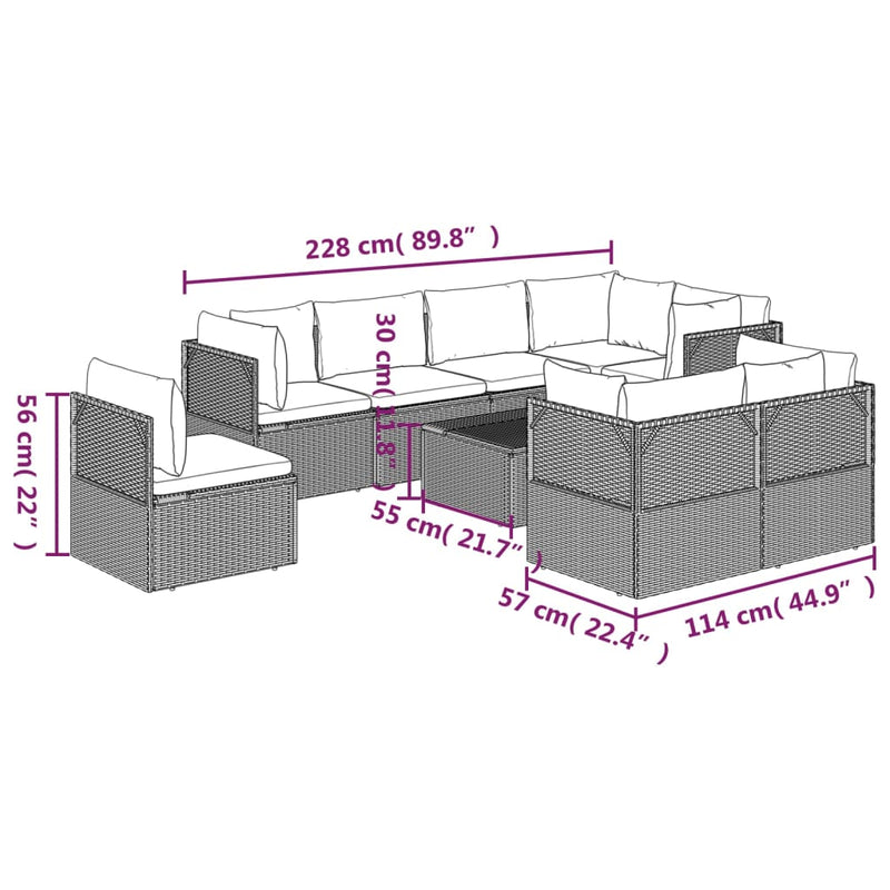 9 Piece Garden Lounge Set with Cushions Grey Poly Rattan