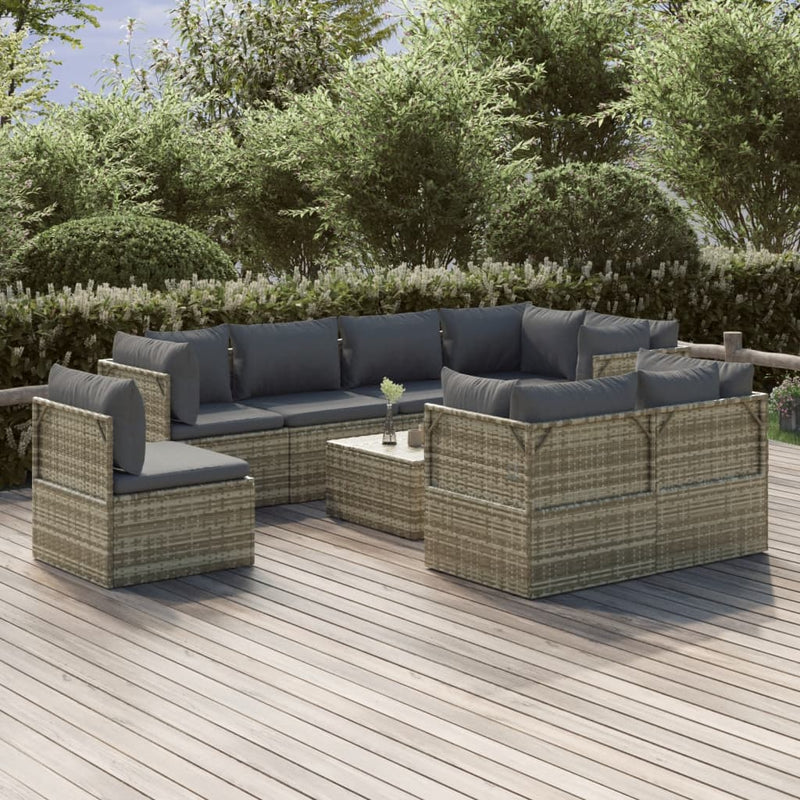 9 Piece Garden Lounge Set with Cushions Grey Poly Rattan