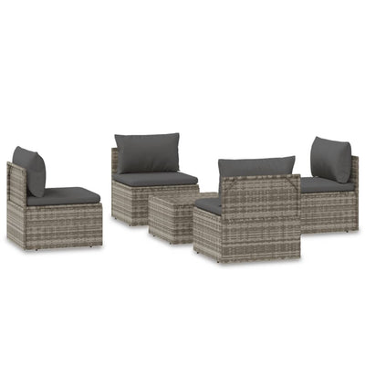 5 Piece Garden Lounge Set with Cushions Grey Poly Rattan