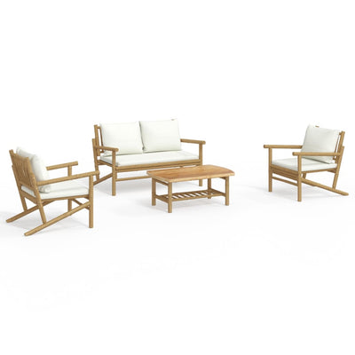 4 Piece Garden Lounge Set with Cream White Cushions Bamboo