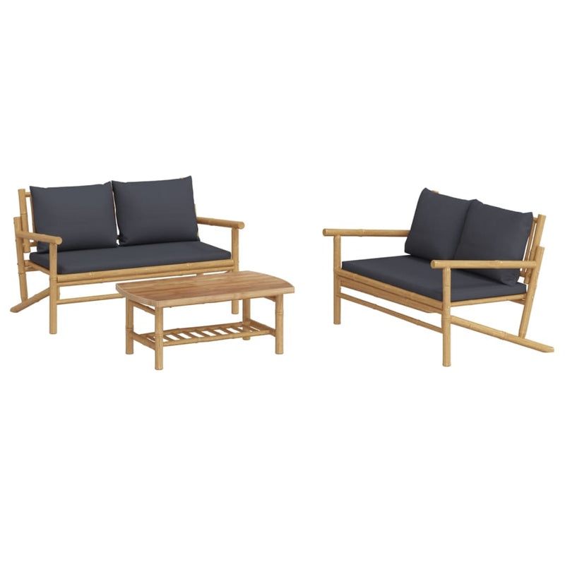 3 Piece Garden Lounge Set with Dark Grey Cushions Bamboo