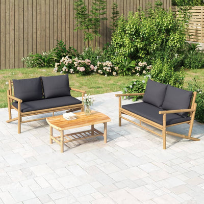 3 Piece Garden Lounge Set with Dark Grey Cushions Bamboo