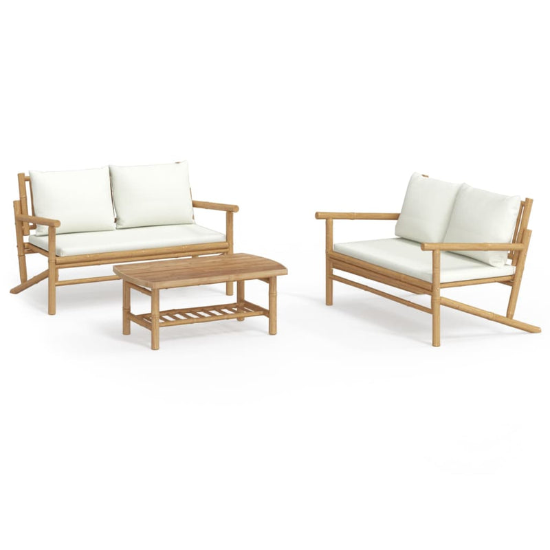 3 Piece Garden Lounge Set with Cream White Cushions Bamboo