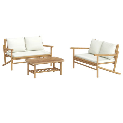 3 Piece Garden Lounge Set with Cream White Cushions Bamboo