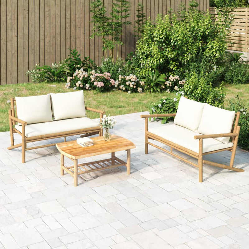 3 Piece Garden Lounge Set with Cream White Cushions Bamboo