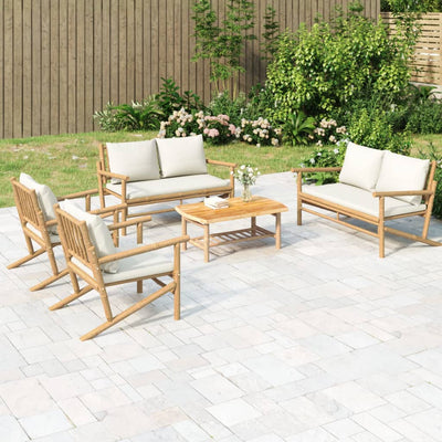 5 Piece Garden Lounge Set with Cream White Cushions Bamboo
