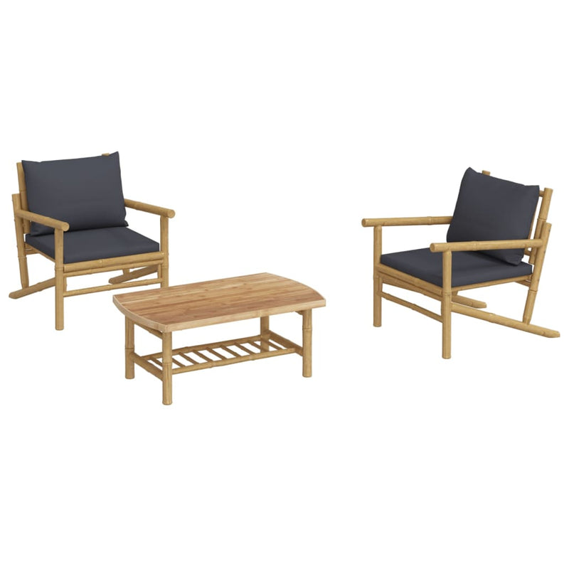 3 Piece Garden Lounge Set with Dark Grey Cushions Bamboo