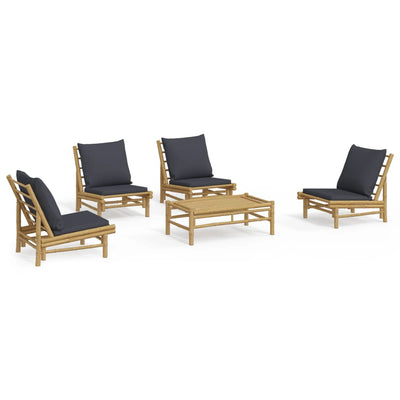 5 Piece Garden Lounge Set with Dark Grey Cushions Bamboo