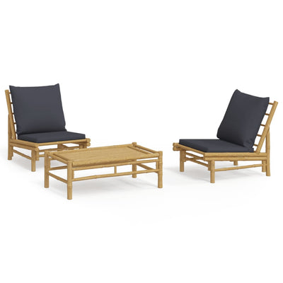 3 Piece Garden Lounge Set with Dark Grey Cushions Bamboo