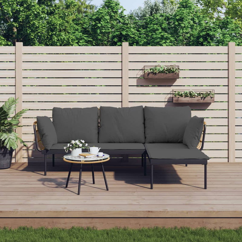 3 Piece Garden Lounge Set with Dark Grey Cushions Poly Rattan