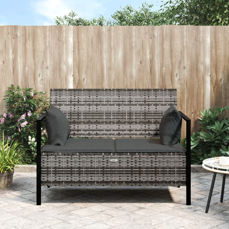 2-Seater Garden Bench with Cushions Grey Poly Rattan