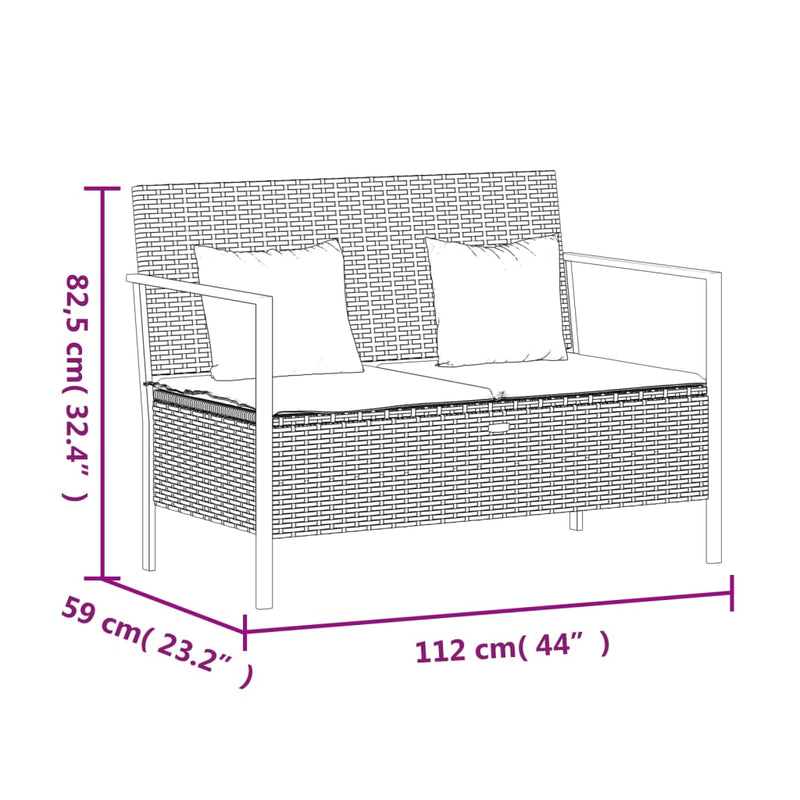 2-Seater Garden Bench with Cushions Black Poly Rattan