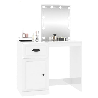 Dressing Table with LED High Gloss White 90x50x132.5 cm Engineered Wood