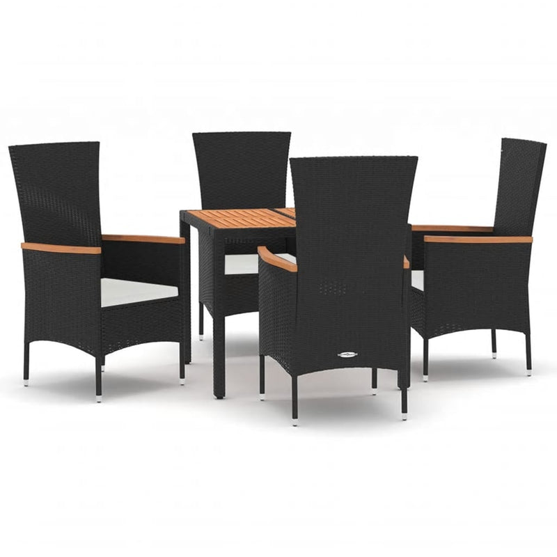 5 Piece Garden Dining Set with Cushions Black Poly Rattan