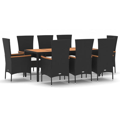 9 Piece Garden Dining Set with Cushions Black Poly Rattan