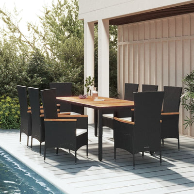 9 Piece Garden Dining Set with Cushions Black Poly Rattan