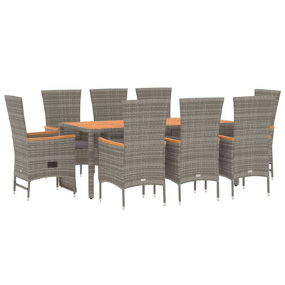 9 Piece Garden Dining Set with Cushions Grey  Poly Rattan