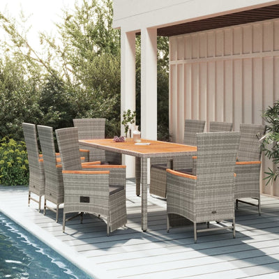 9 Piece Garden Dining Set with Cushions Grey Poly Rattan