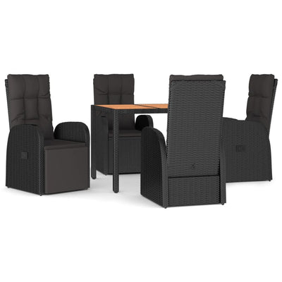 5 Piece Garden Dining Set with Cushions Black Poly Rattan