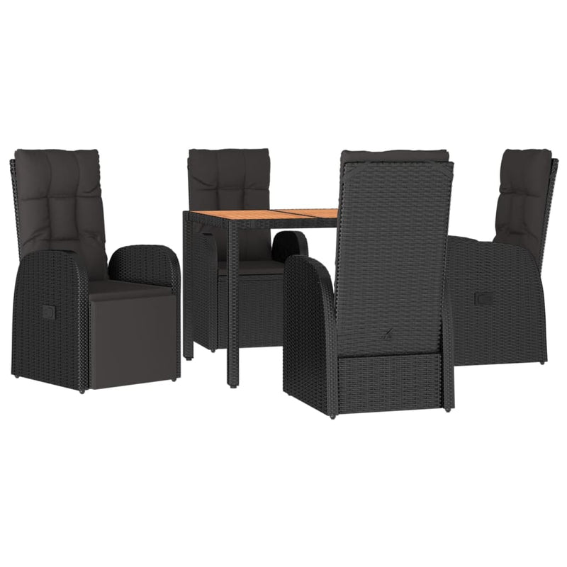 5 Piece Garden Dining Set with Cushions Black Poly Rattan