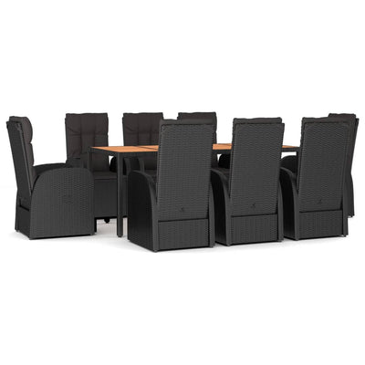 9 Piece Garden Dining Set with Cushions Black Poly Rattan