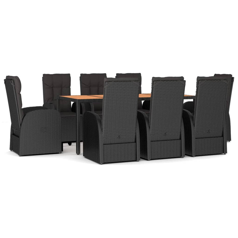 9 Piece Garden Dining Set with Cushions Black Poly Rattan