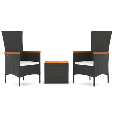 3 Piece Garden Lounge Set Black Poly Rattan&Solid Wood Acacia