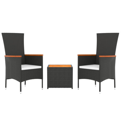 3 Piece Garden Lounge Set Black Poly Rattan&Solid Wood Acacia