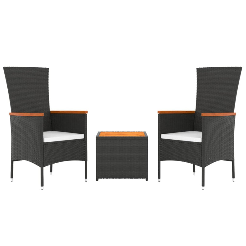 3 Piece Garden Lounge Set Black Poly Rattan&Solid Wood Acacia