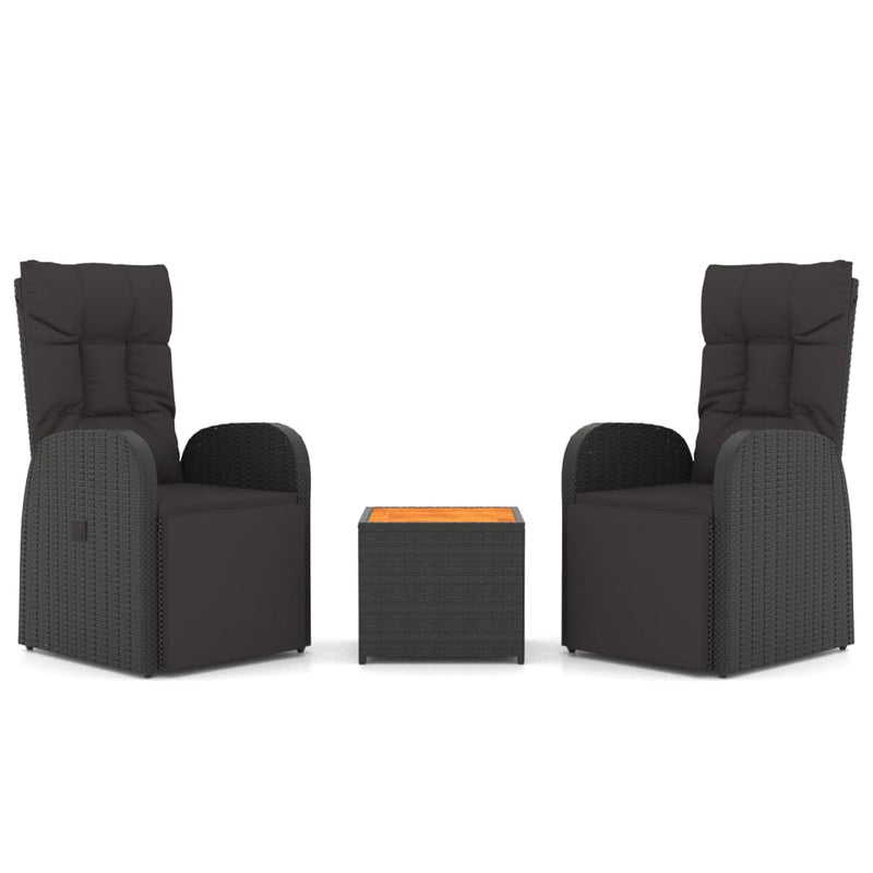 3 Piece Garden Lounge Set Black Poly Rattan&Solid Wood Acacia