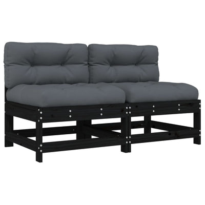 Middle Sofas with Cushions 2 pcs Black Solid Wood Pine