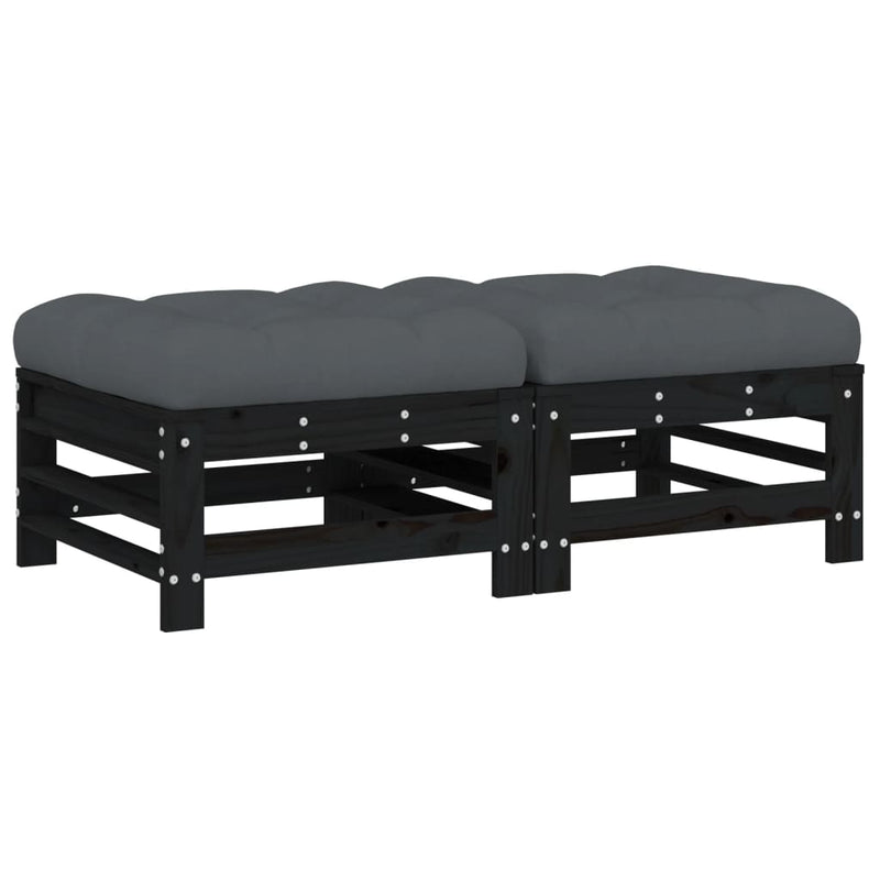 Garden Footstools with Cushions 2pcs Black Solid Wood Pine