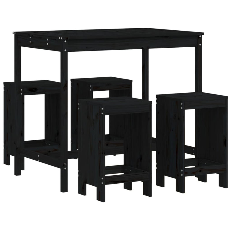 5 Piece Garden Bar Set Black Solid Wood Pine