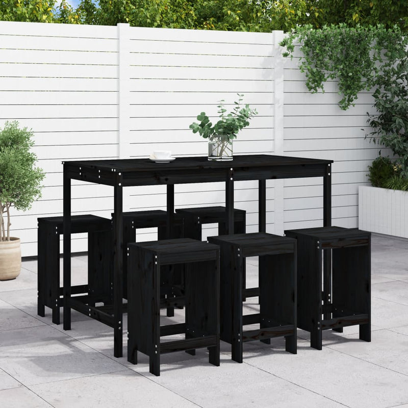 7 Piece Garden Bar Set Black Solid Wood Pine