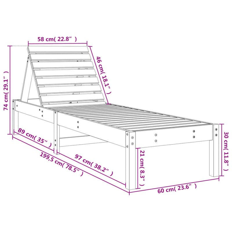 Sun Lounger Black 199.5x60x74 cm Solid Wood Pine