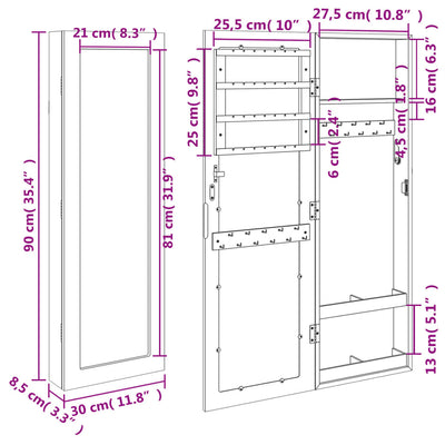 Mirror Jewellery Cabinet Wall Mounted White 30x8.5x90 cm