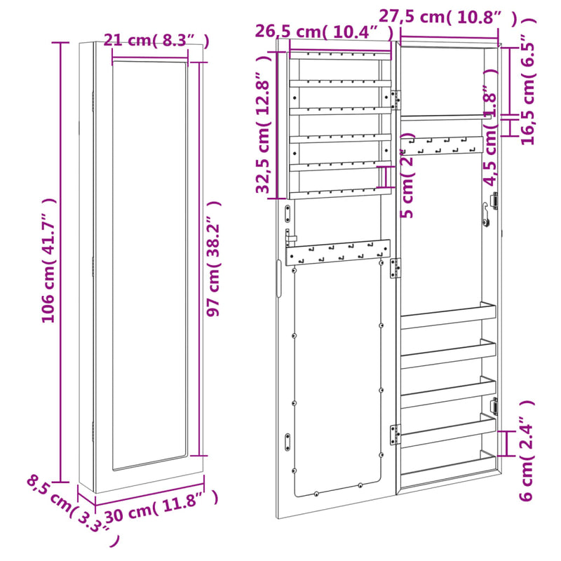 Mirror Jewellery Cabinet Wall Mounted White 30x8.5x106 cm