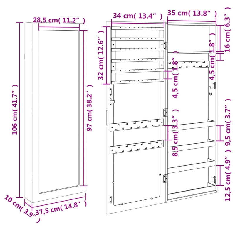 Mirror Jewellery Cabinet Wall Mounted White 37.5x10x106 cm