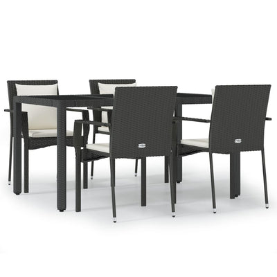 5 Piece Garden Dining Set with Cushions Black Poly Rattan