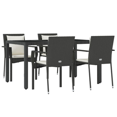 5 Piece Garden Dining Set with Cushions Black Poly Rattan