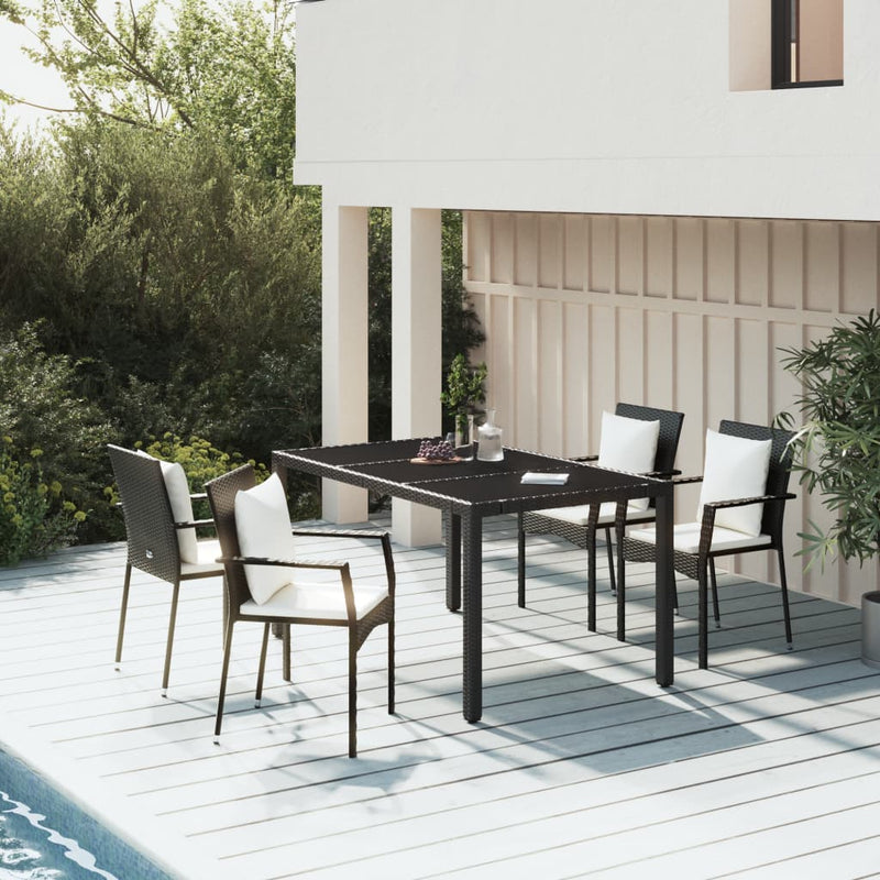 5 Piece Garden Dining Set with Cushions Black Poly Rattan