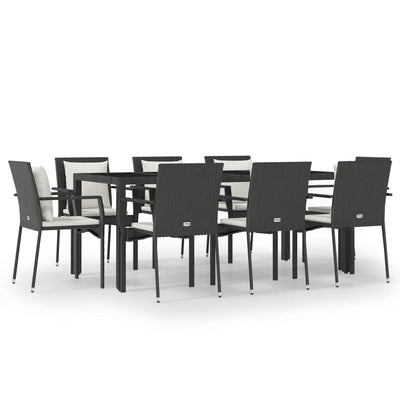 9 Piece Garden Dining Set with Cushions Black Poly Rattan