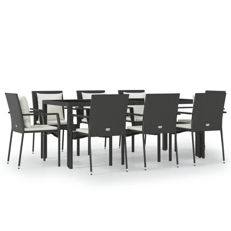 9 Piece Garden Dining Set with Cushions Black Poly Rattan