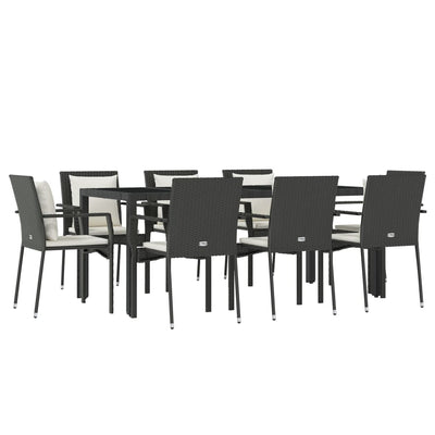 9 Piece Garden Dining Set with Cushions Black Poly Rattan