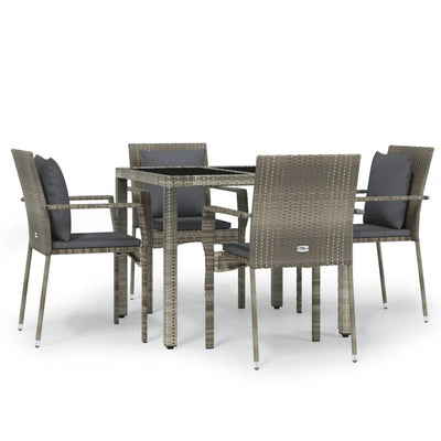 5 Piece Garden Dining Set with Cushions Grey Poly Rattan