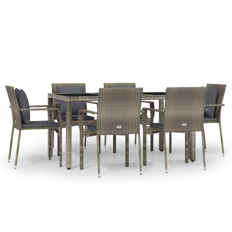 7 Piece Garden Dining Set with Cushions Grey Poly Rattan