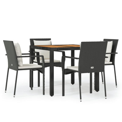 5 Piece Garden Dining Set with Cushions Black Poly Rattan