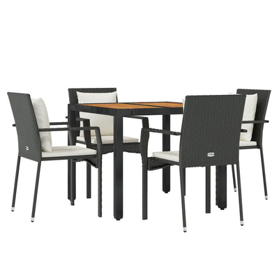 5 Piece Garden Dining Set with Cushions Black Poly Rattan