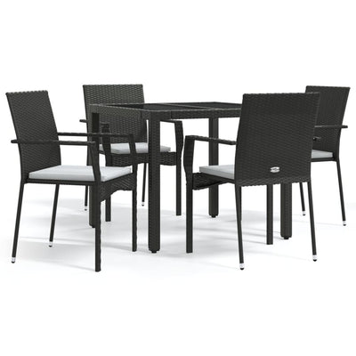 5 Piece Garden Dining Set with Cushions Black Poly Rattan