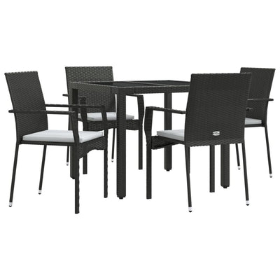 5 Piece Garden Dining Set with Cushions Black Poly Rattan